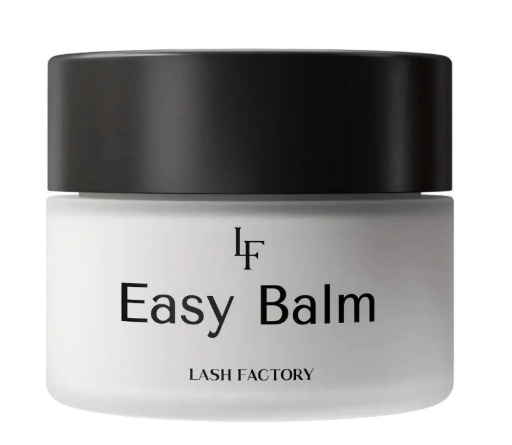 A white cosmetic jar of Lash Factory Easy Balm with a matte black lid, shown on a plain white background.