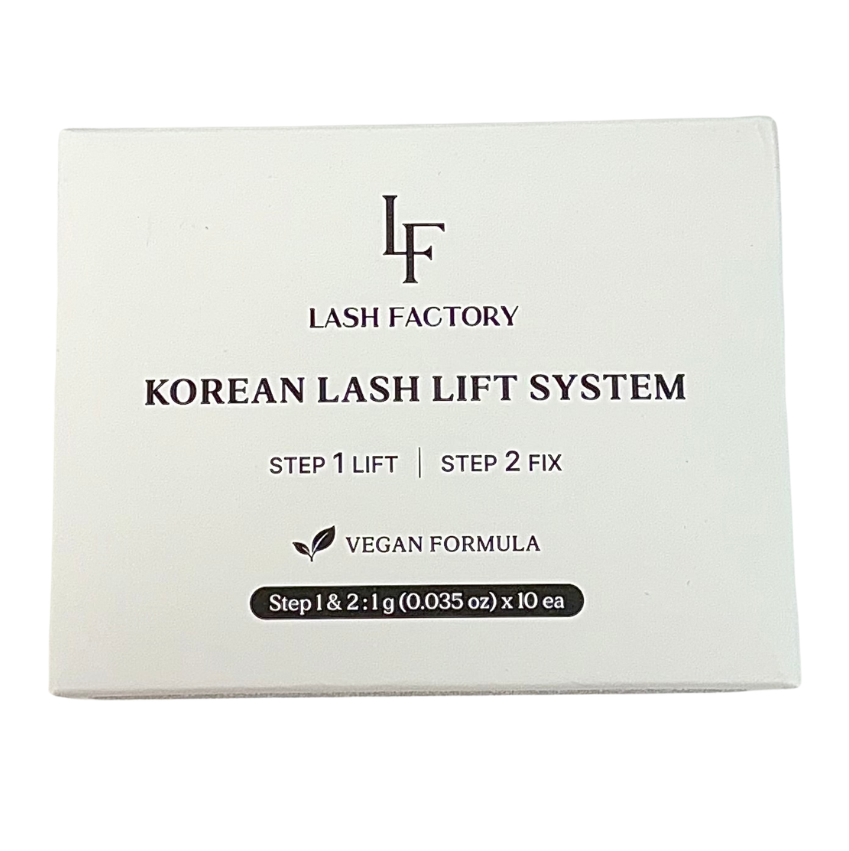 A white rectangular box for the Lash Factory Korean Lash Lift System, featuring black text and a logo on a plain white background.