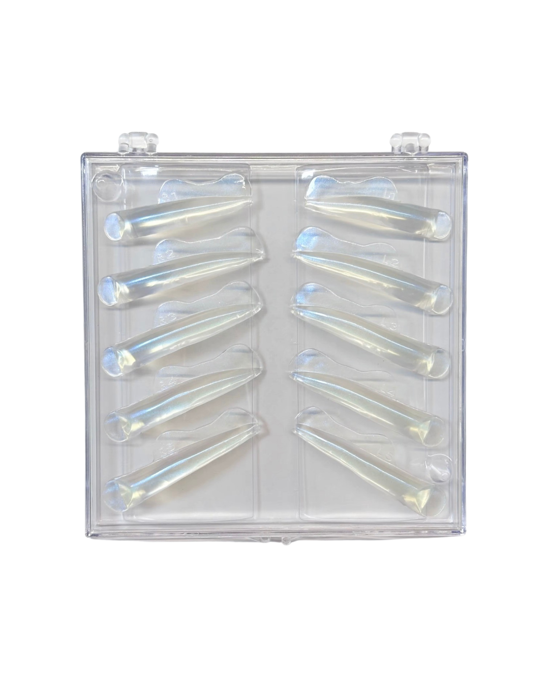 A clear plastic organizer tray containing multiple small iridescent nail art tips or adhesive applicators, shown on a plain white background.