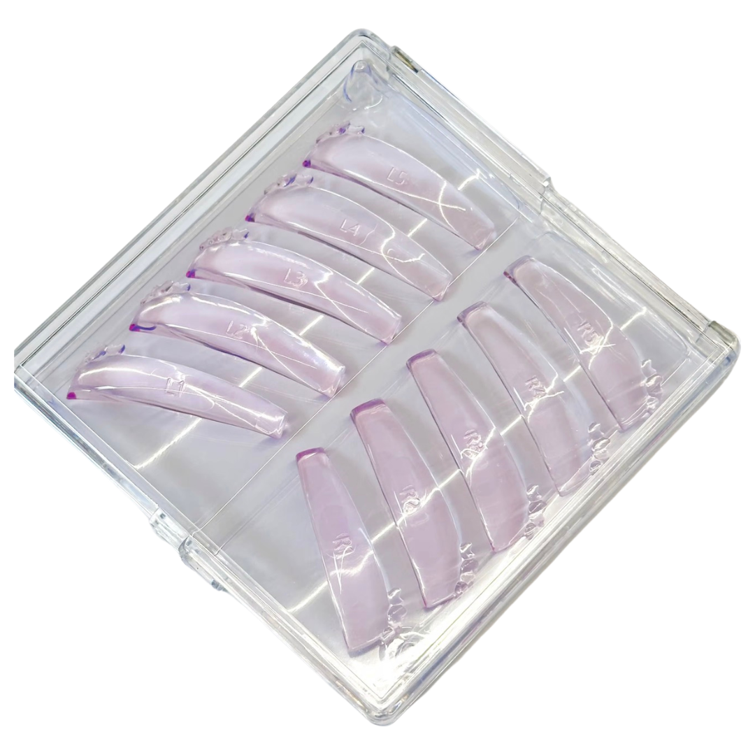 A set of ten coffin-shaped press-on nails in a clear plastic storage case, featuring a light pink and lavender gradient color.