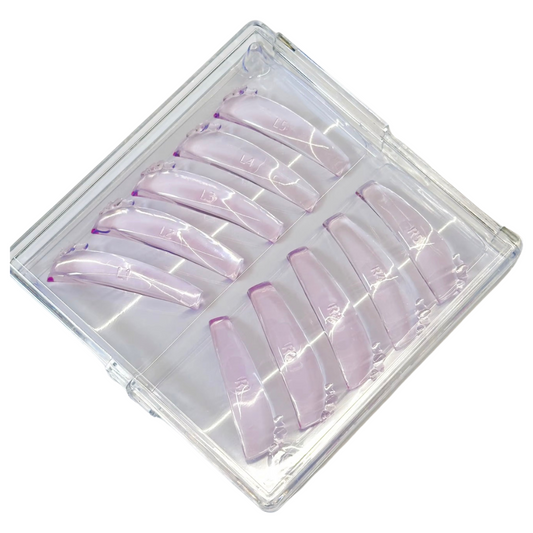 A set of ten coffin-shaped press-on nails in a clear plastic storage case, featuring a light pink and lavender gradient color.