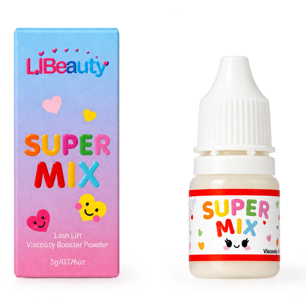 LiBeauty Super Mix Lash Lift Viscosity Booster Powder shown with its retail box and a small dropper bottle on a plain white background.