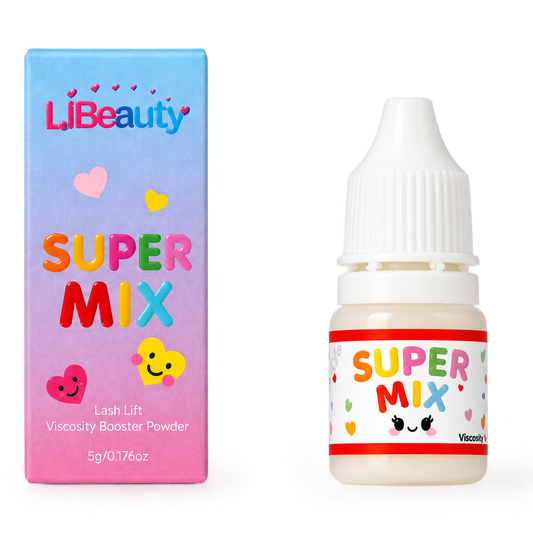 LiBeauty Super Mix Lash Lift Viscosity Booster Powder shown with its retail box and a small dropper bottle on a plain white background.