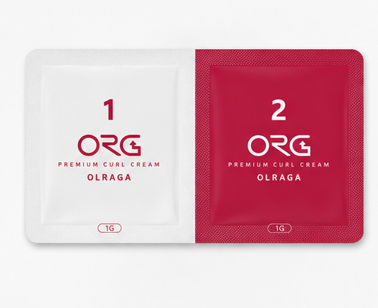 Four-panel product layout showing OLG Premium Cell Cream OLRAGA packaging: two white outer boxes and two individual cream packets in white and deep pink/red, arranged on a clean white background.