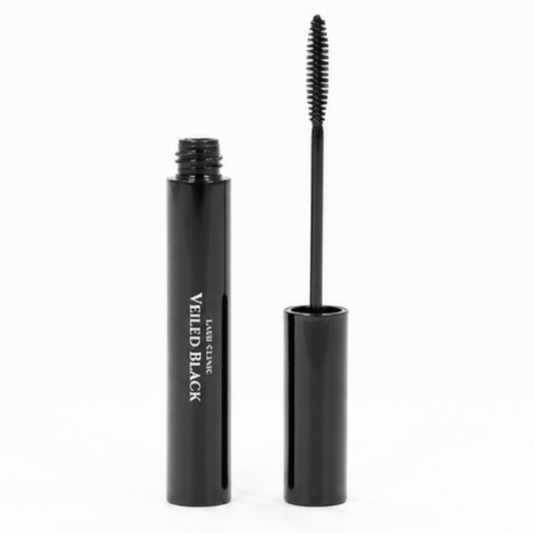 Four-panel product shot of a black cosmetic tube and its matching rectangular packaging on a white background, including a multi-pack display box and the applicator wand.