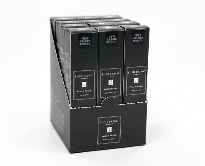 Four-panel product shot of a black cosmetic tube and its matching rectangular packaging on a white background, including a multi-pack display box and the applicator wand.