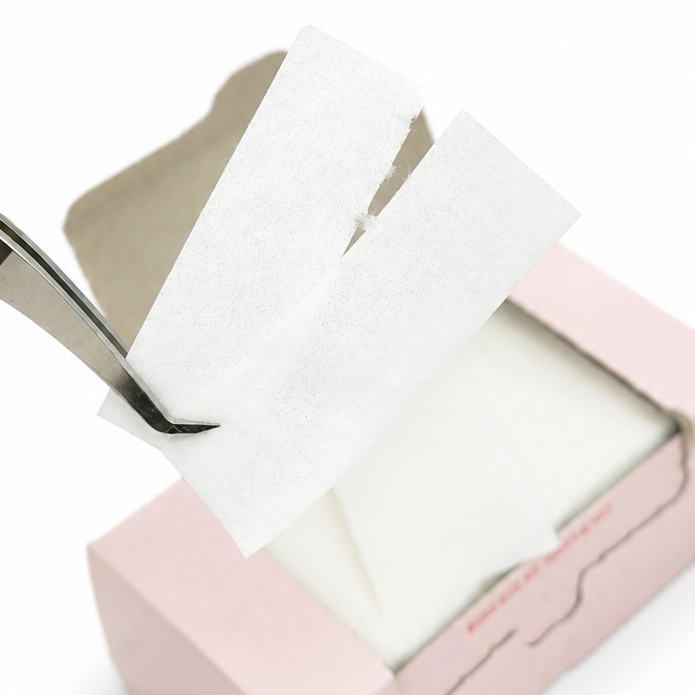 A hand holds tweezers while pulling a white textured pad or sheet from a light pink box on a clean white background.