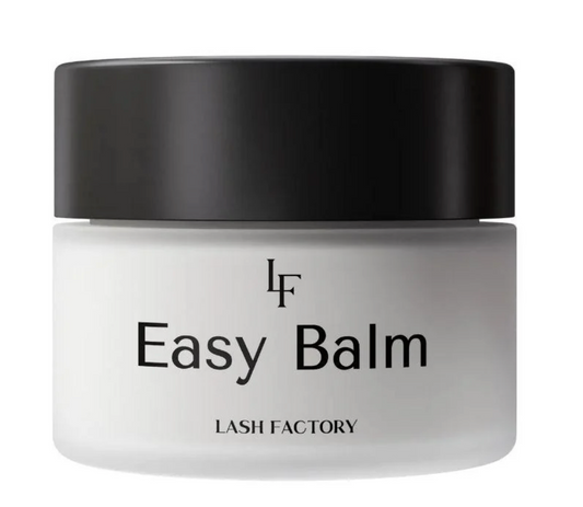 A white cosmetic jar of Lash Factory Easy Balm with a matte black lid, shown on a plain white background.