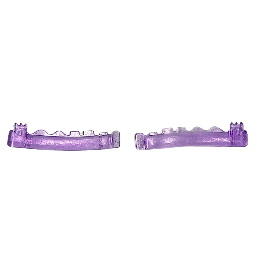 Two translucent purple plastic clips or holders shown side by side on a plain white background.