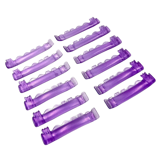 Ten translucent purple plastic hair extension clips arranged in two rows on a plain white background.