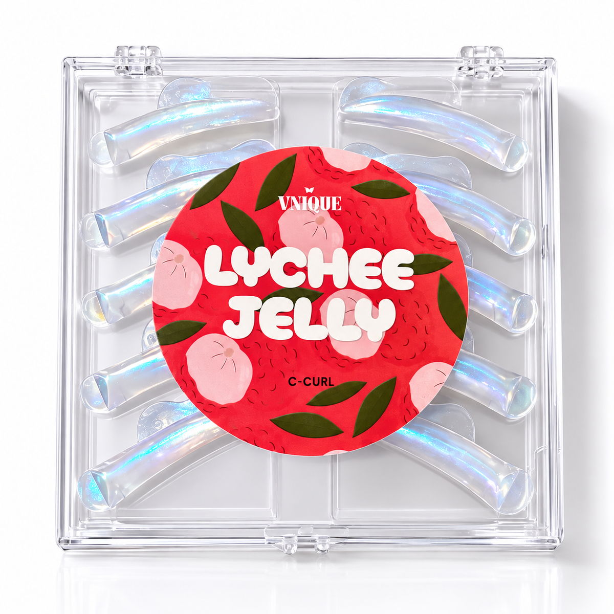 A clear plastic C-Curl compact containing iridescent blue-hued hair extensions, with a red circular sticker reading 'THE UNIQUE LYCHEE JELLY' on the front.
